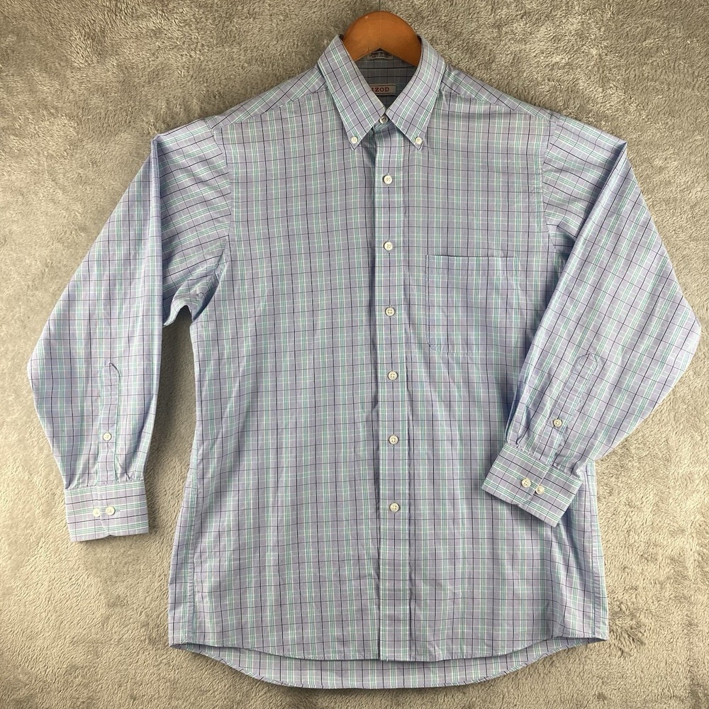 Izod Dress Shirt Mens 15 1/2 - 32/33 Blue Plaid Wrinkle Free Twill Button Up
